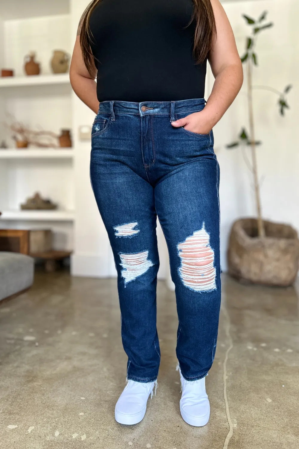 Judy Blue Full Size High Waist Rigid Magic Heavy Destroy Straight Jeans - Alwesbo Fashion