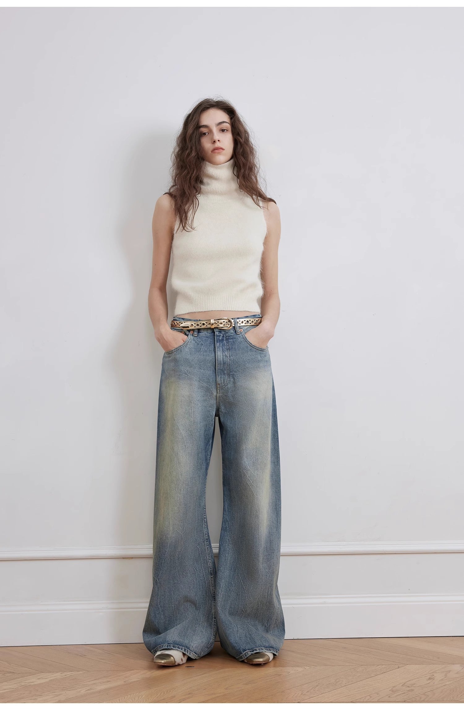Retro Washed Wrinkled Wide-Leg Jeans – Women's Spacious Straight Fit - Alwesbo Fashion