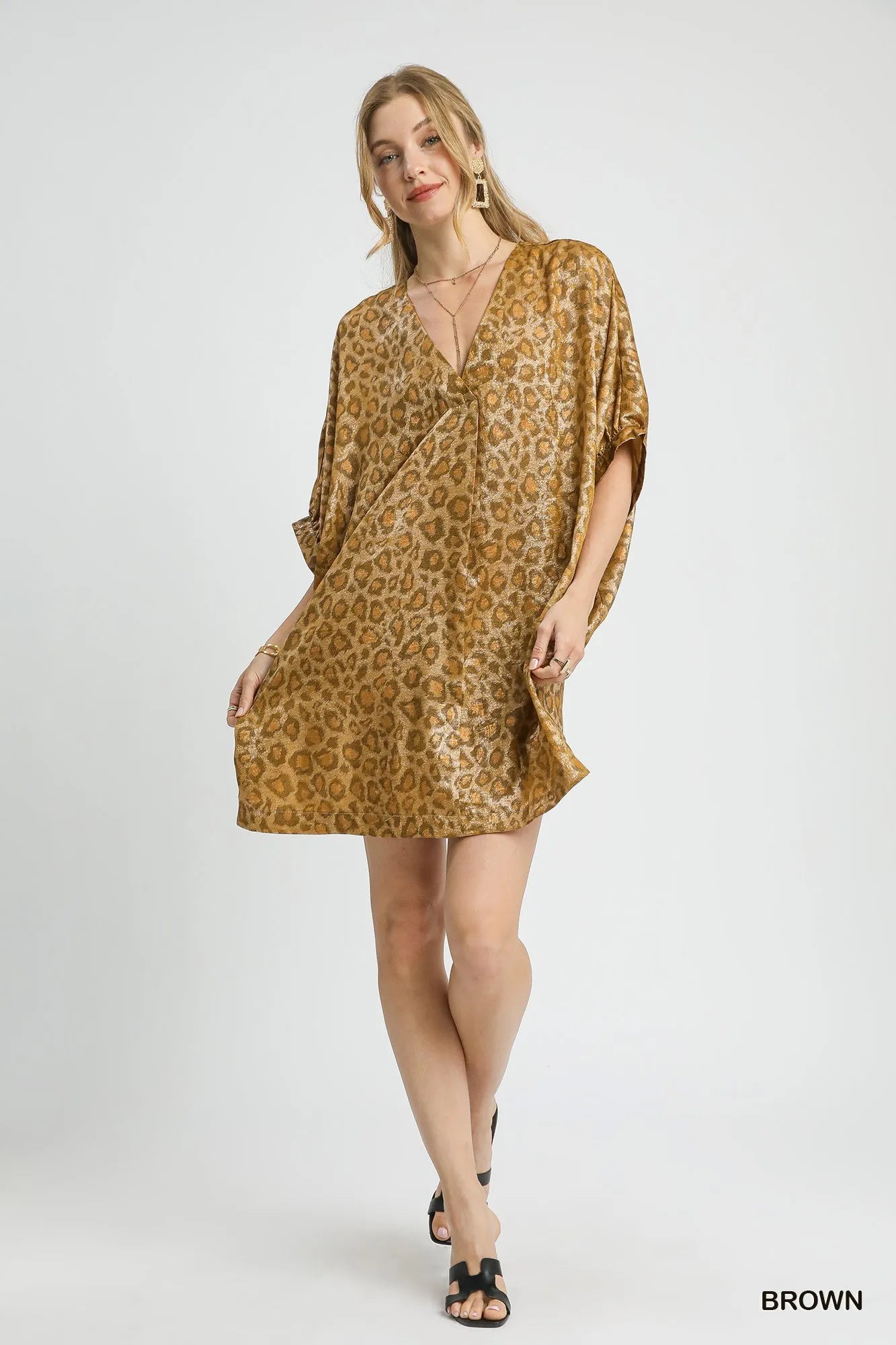 Umgee Metallic Leopard Print V-Neck Kimono Dress - Alwesbo Fashion