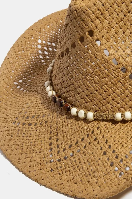 Fame Mixed Beaded Strap Western Fedora Straw Hat - Alwesbo Fashion