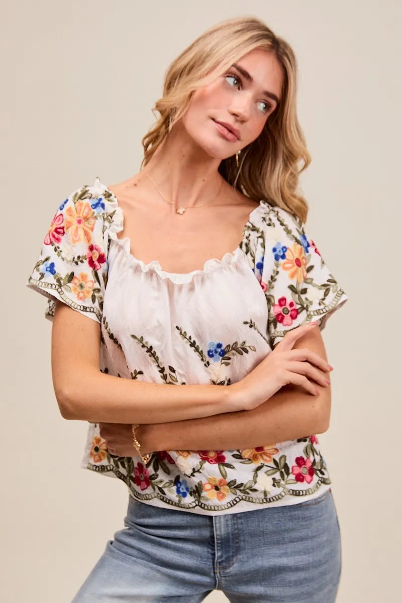 Floral Embroidered Off-The-Shoulder Blouse with Two-Way Wear - Alwesbo Fashion
