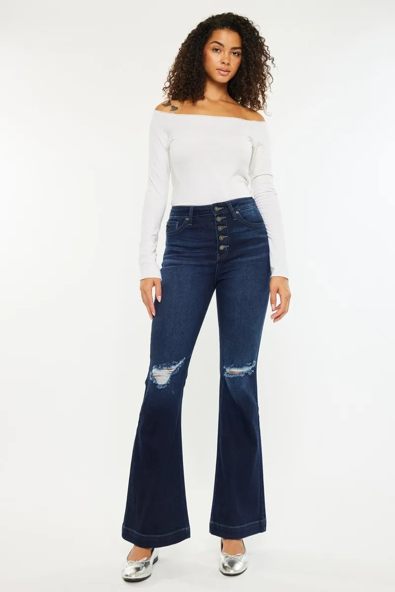 Women's High Waist Button Fly Flare Denim with Ripped Accents - Alwesbo Fashion