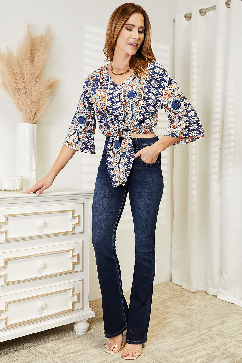 Tie Hem V-Neck Three-Quarter Sleeve Blouse - Alwesbo Fashion