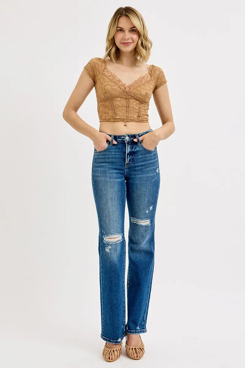 Stylish Plus Size High Rise Jeans with Tummy Control and Distressed Finish - Alwesbo Fashion