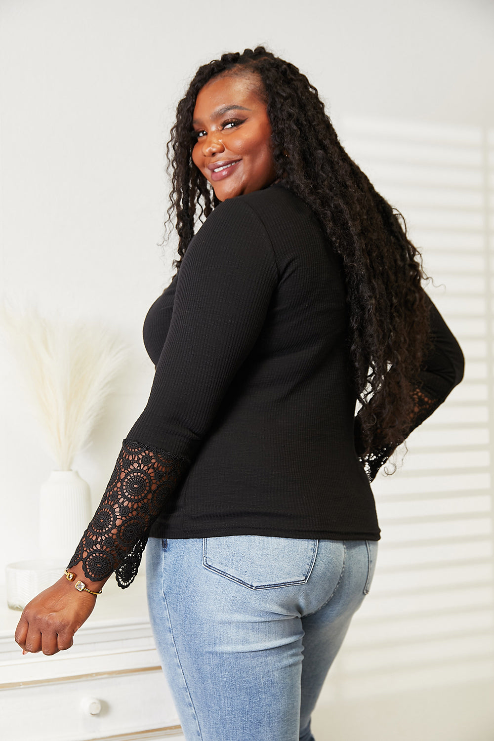 Double Take Crochet Lace Hem Sleeve Button Top - Alwesbo Fashion