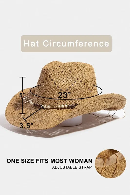 Fame Mixed Beaded Strap Western Fedora Straw Hat - Alwesbo Fashion