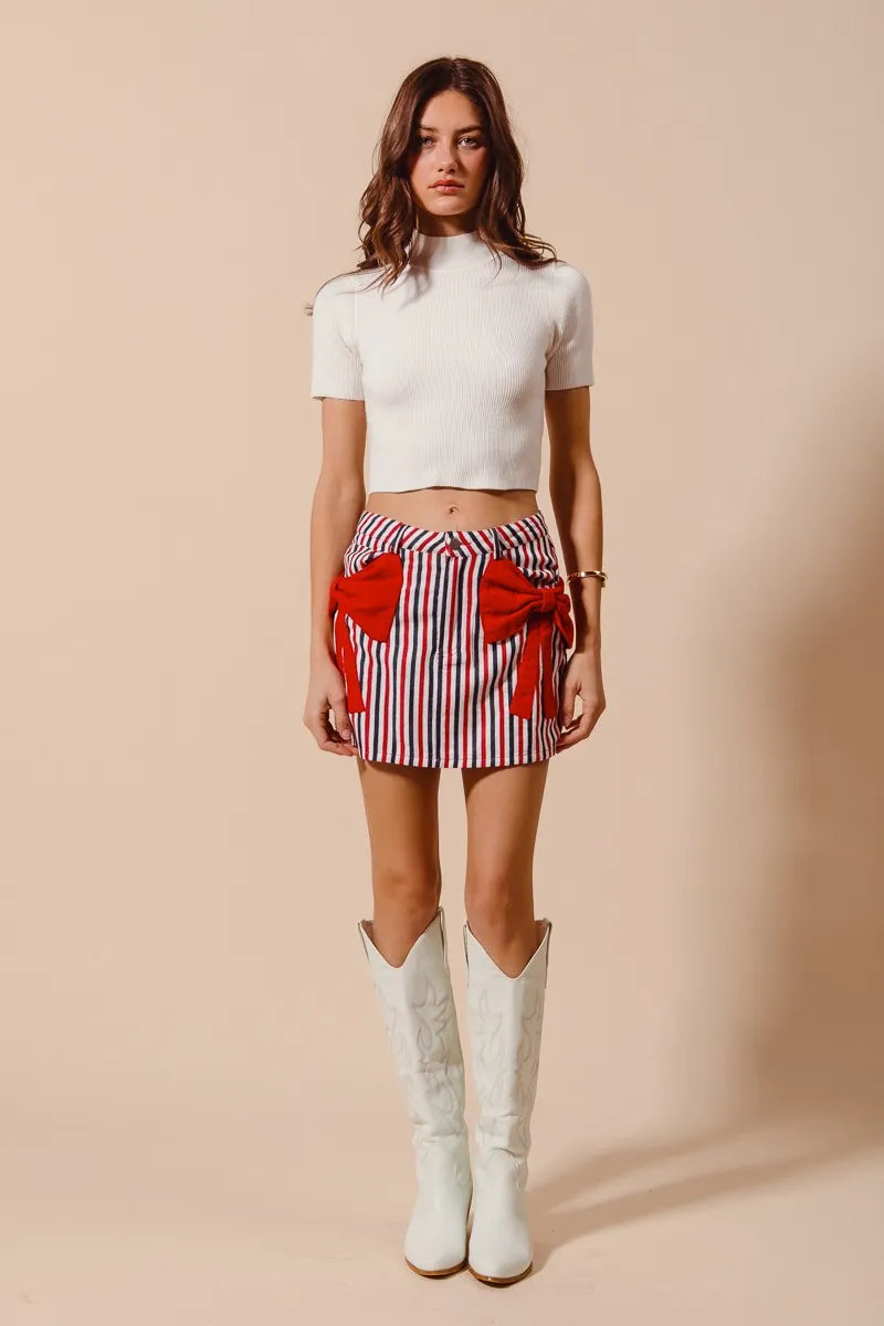 SO ME Contrast Bow Knot Pocket Fourth Of July Denim Skirt - Alwesbo Fashion