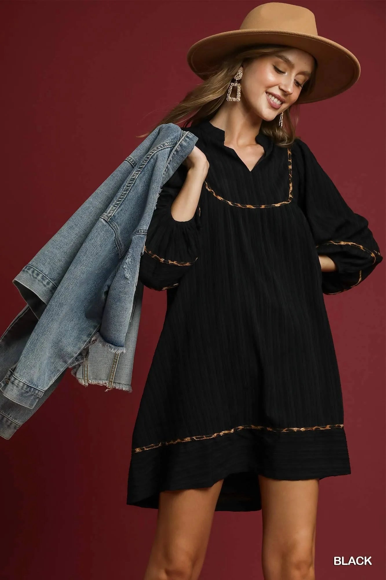 Plus Size Textured Babydoll Dress with Leopard Print Trim - Alwesbo Fashion