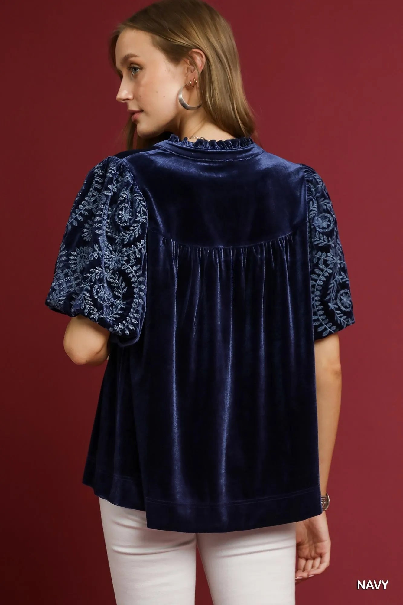 Soft Velvet Blouse for Plus Size Women with Sleeve Embroidery - Alwesbo Fashion