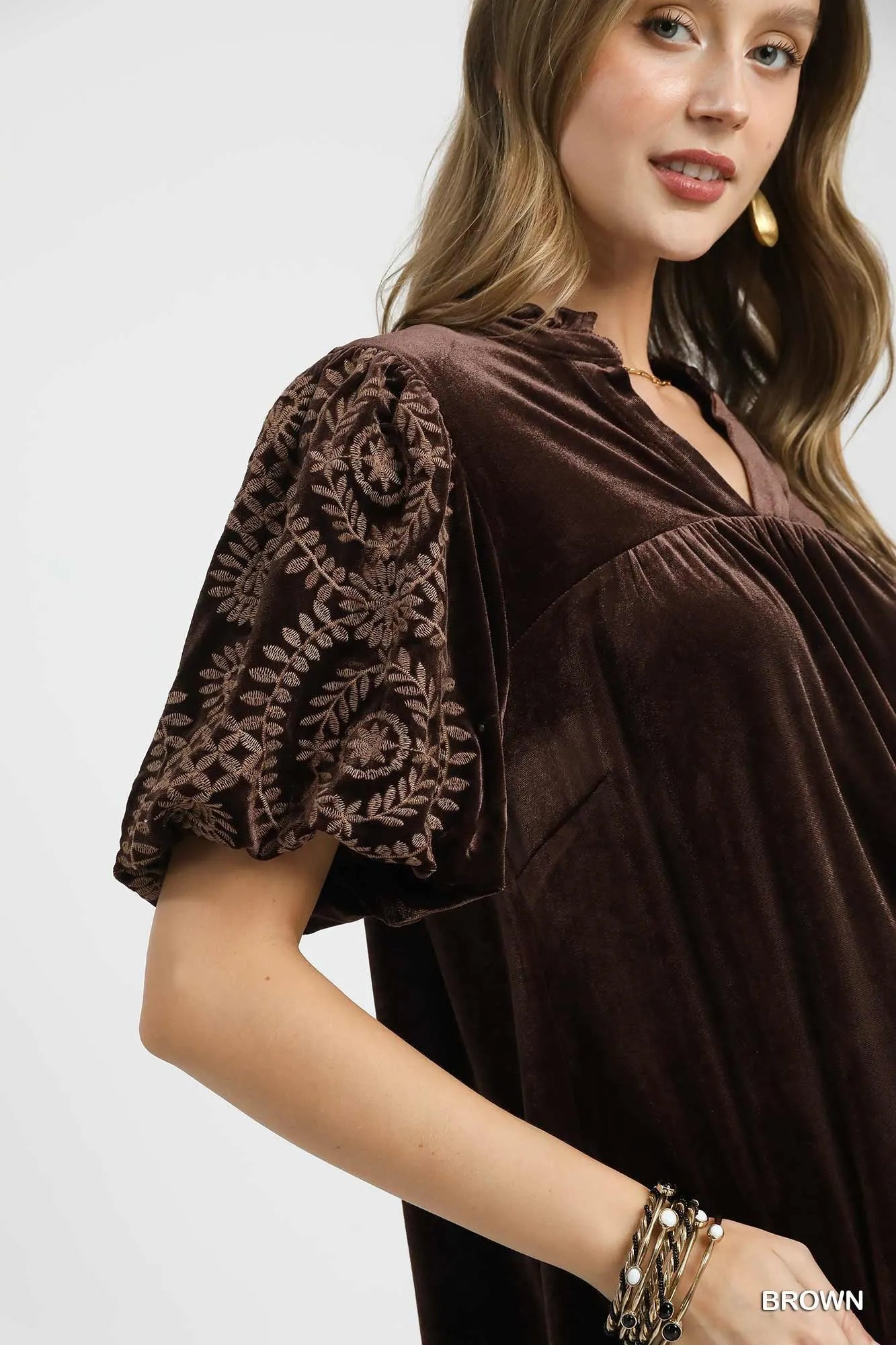 Soft Velvet Blouse with Detailed Embroidered Sleeves – Plus Size - Alwesbo Fashion
