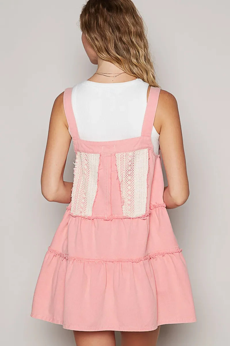 POL Lace Patchwork Detail Denim Overall Dress - Alwesbo Fashion