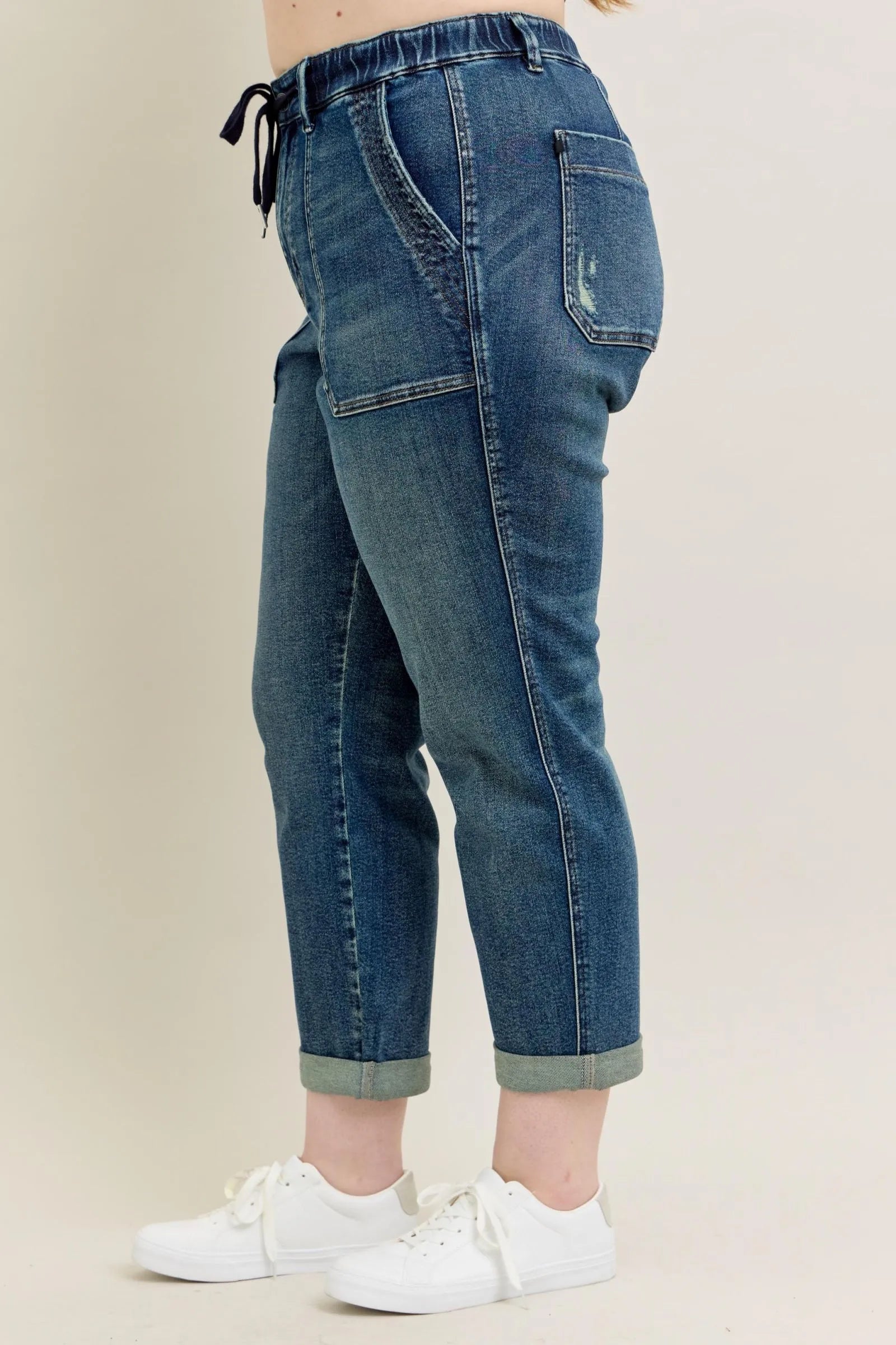 Judy Blue Full Size HW Vintage Wash Jeans w/ Drawstring Plus Size - Alwesbo Fashion