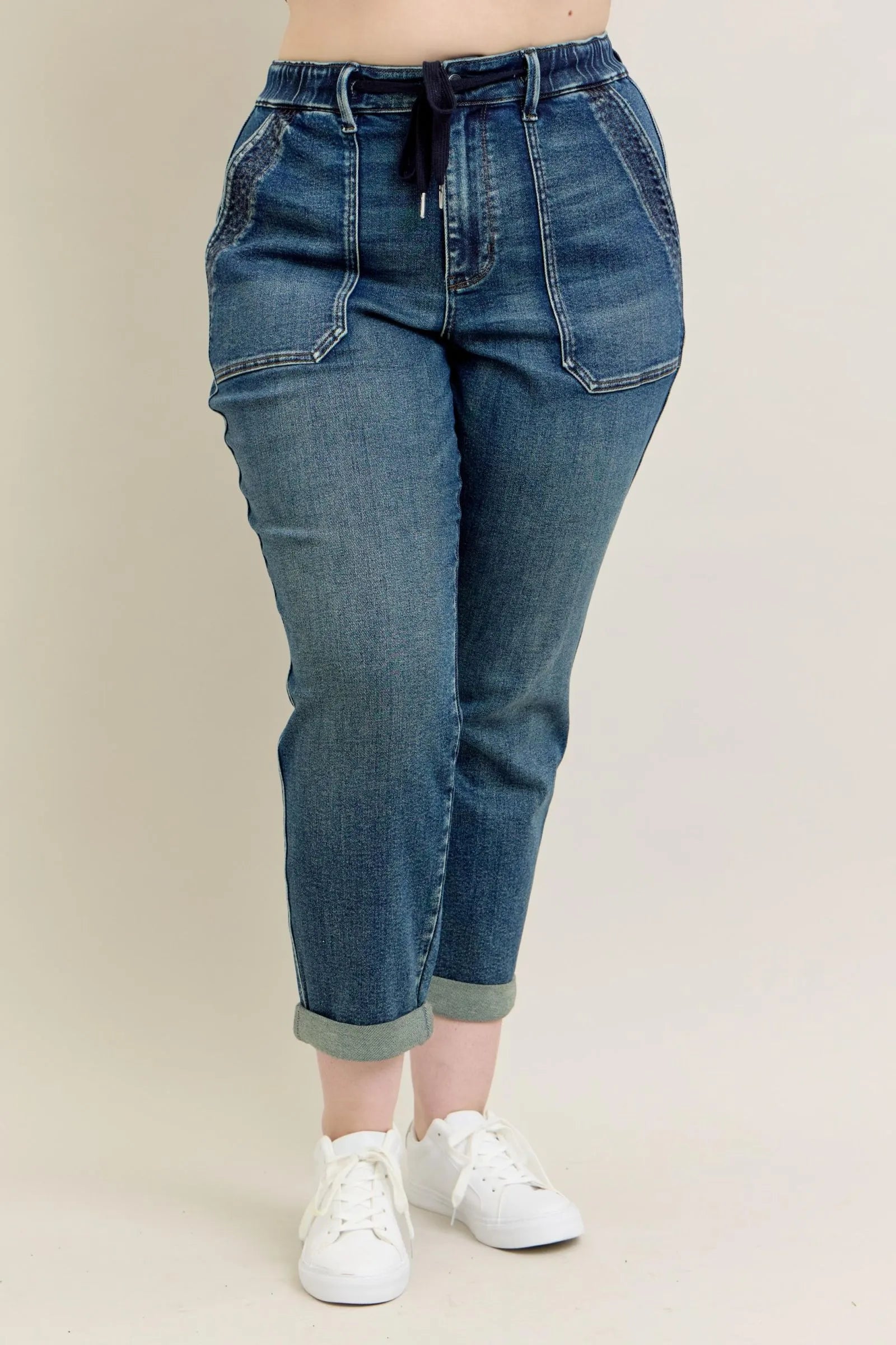 Judy Blue Full Size HW Vintage Wash Jeans w/ Drawstring Plus Size - Alwesbo Fashion