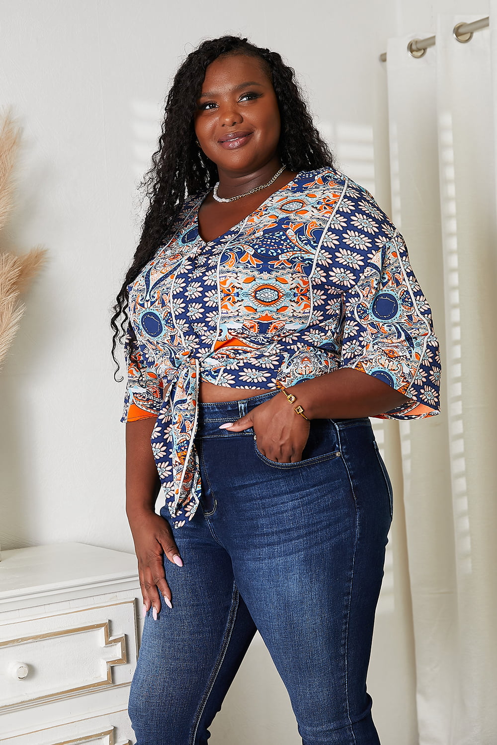 Tie Hem V-Neck Three-Quarter Sleeve Blouse - Alwesbo Fashion