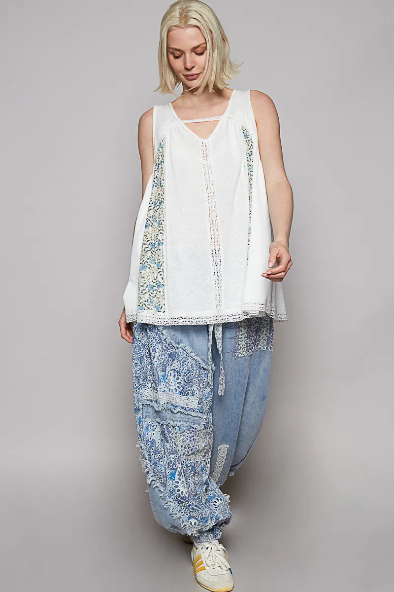 POL V Neck Sleeveless Tank Top with Lace Detail - Alwesbo Fashion