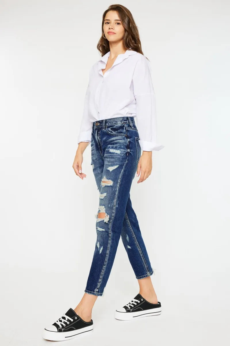 Kancan High Rise Distressed Mom Fit Jeans - Alwesbo Fashion