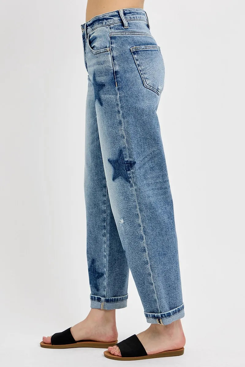 Trendy Boyfriend Jeans Featuring Star Shadow Accents and Cuffed Legs – Plus Size - Alwesbo Fashion