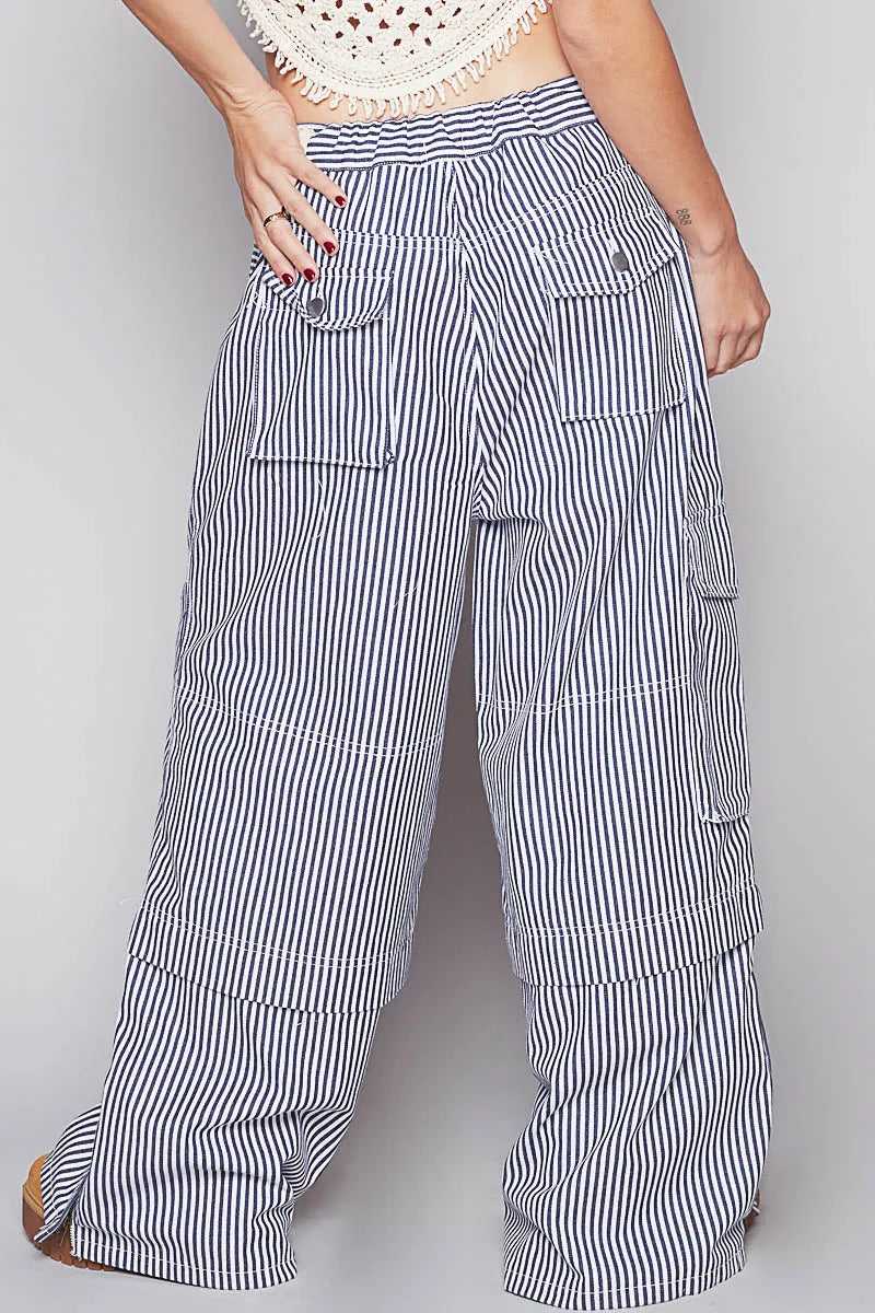 POL Striped Wide Leg Pants with Cargo Pockets - Alwesbo Fashion