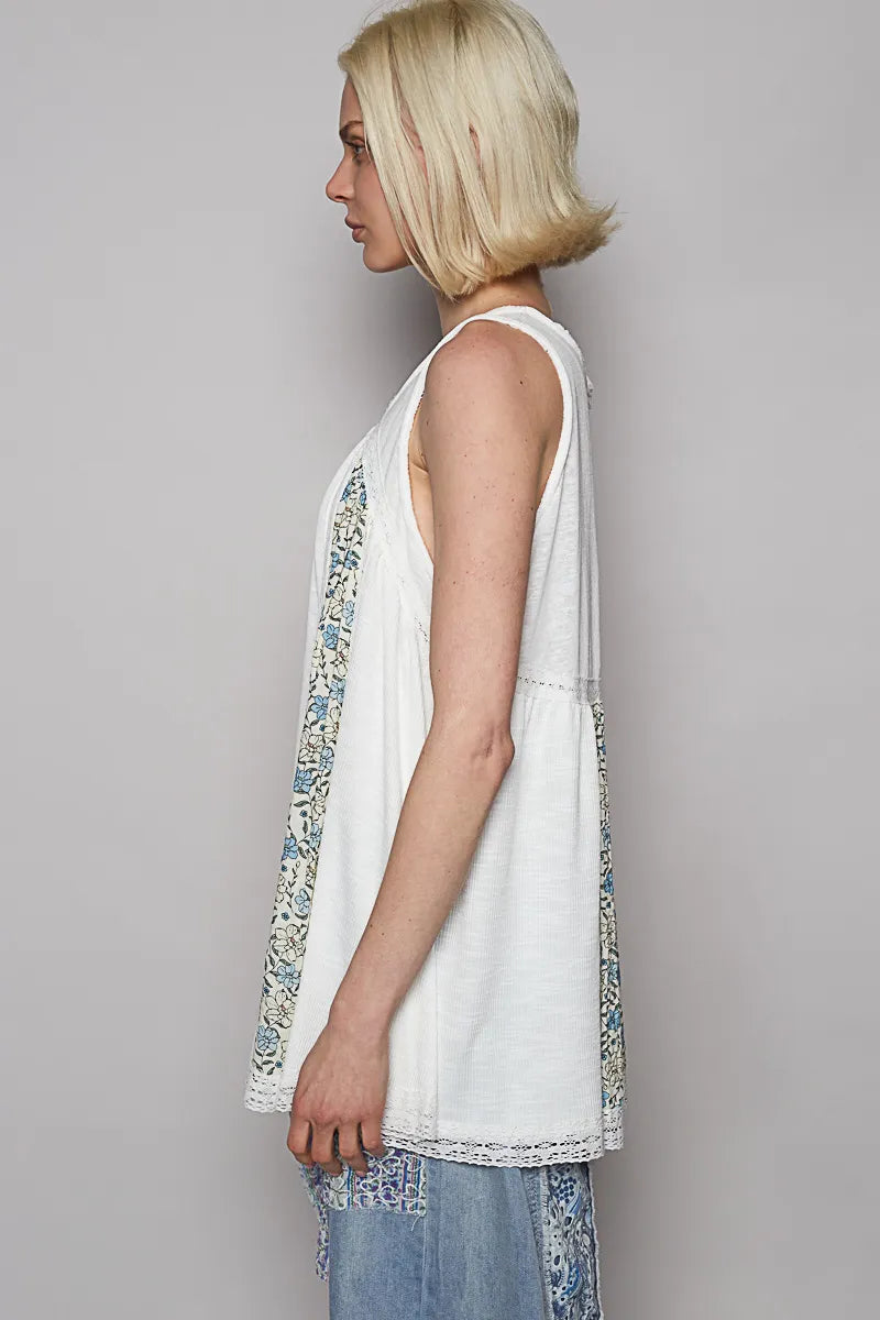 POL V Neck Sleeveless Tank Top with Lace Detail - Alwesbo Fashion
