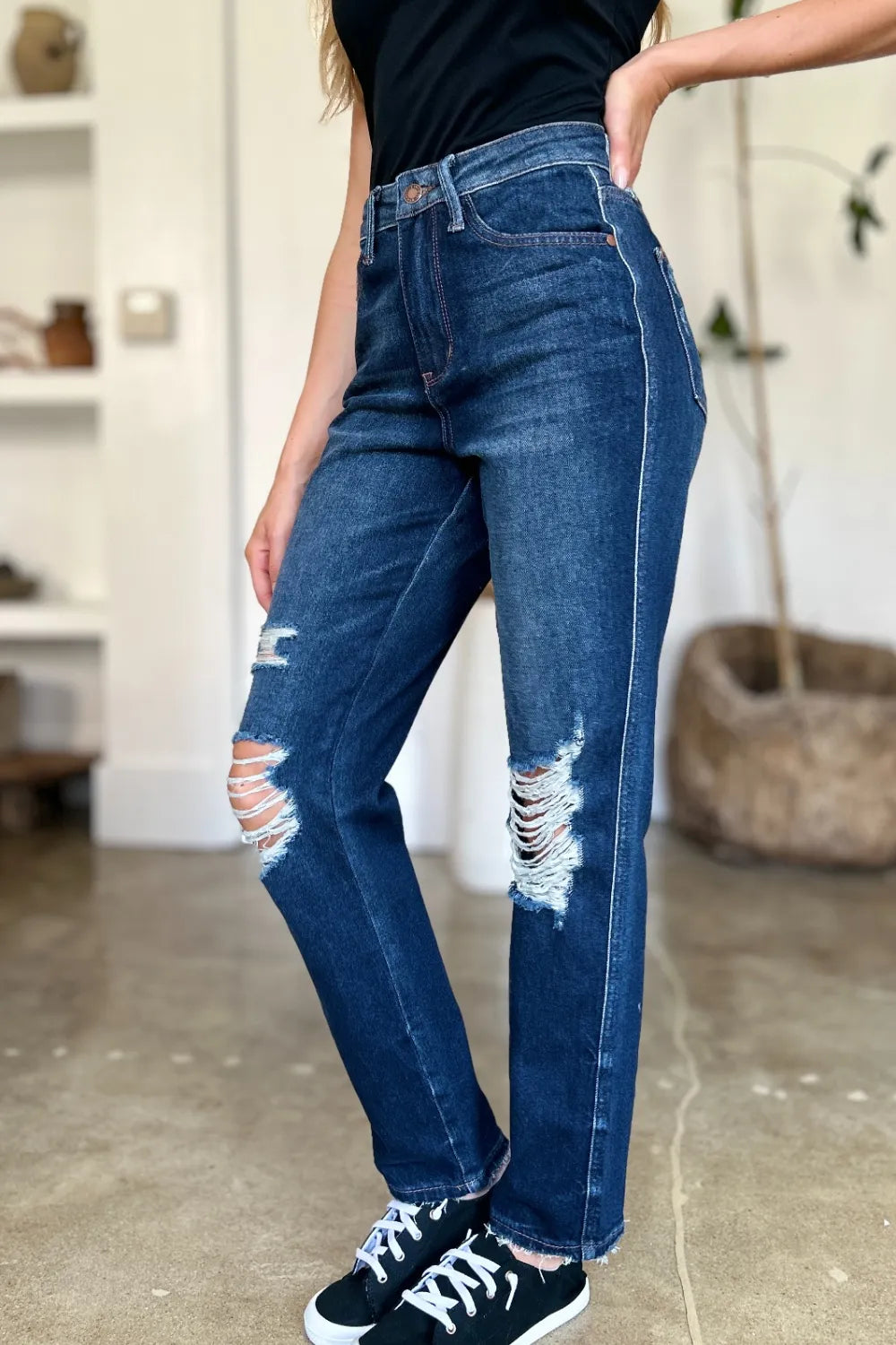 Judy Blue Full Size High Waist Rigid Magic Heavy Destroy Straight Jeans - Alwesbo Fashion