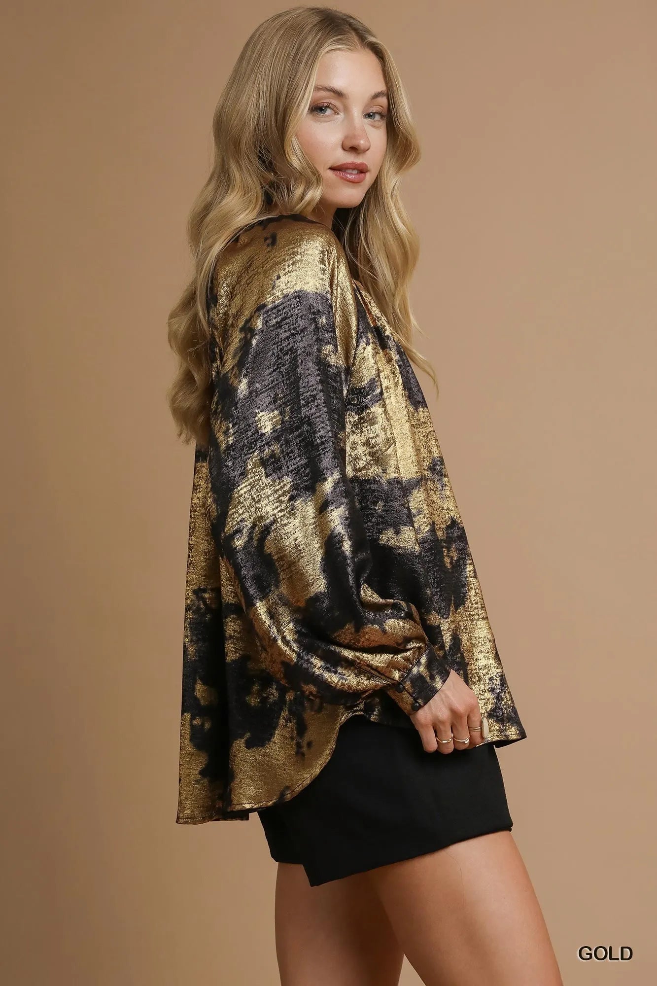 Metallic Blouse with Statement Balloon Sleeves - Alwesbo Fashion