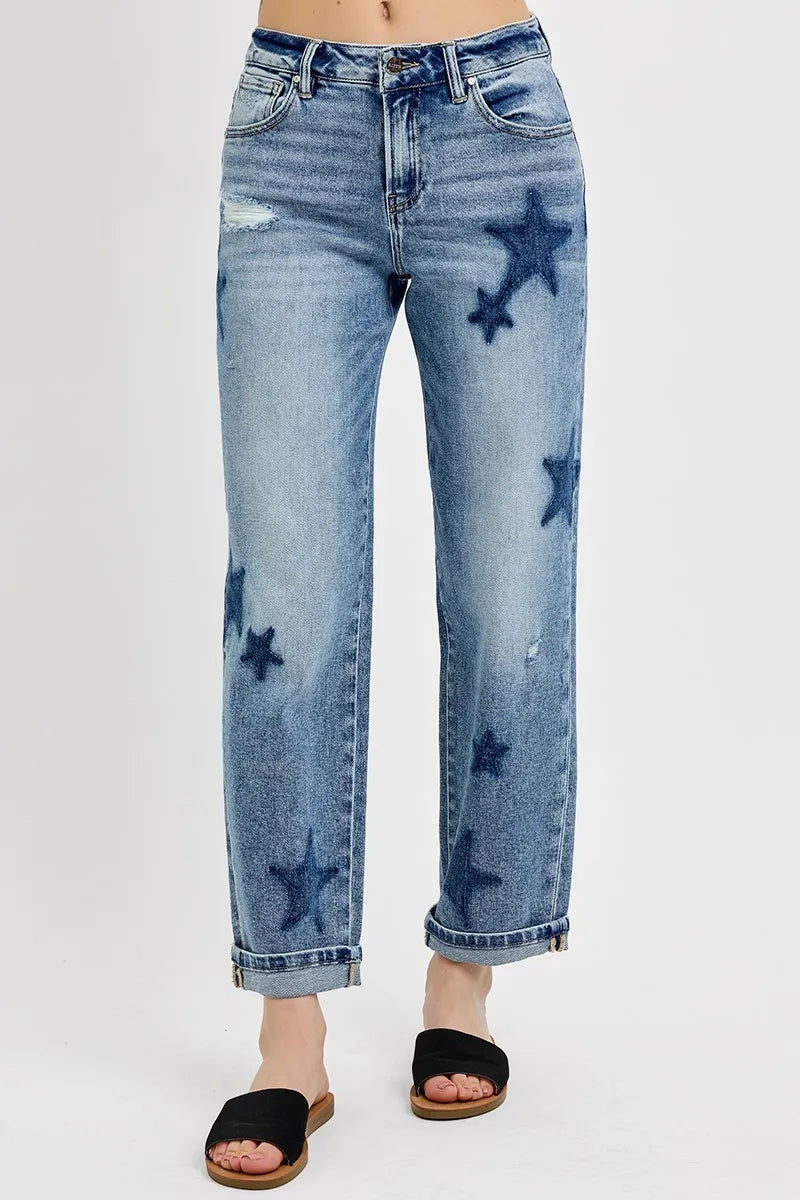 Trendy Boyfriend Jeans Featuring Star Shadow Accents and Cuffed Legs – Plus Size - Alwesbo Fashion