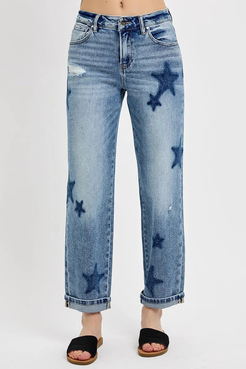 Trendy Boyfriend Jeans Featuring Star Shadow Accents and Cuffed Legs – Plus Size - Alwesbo Fashion