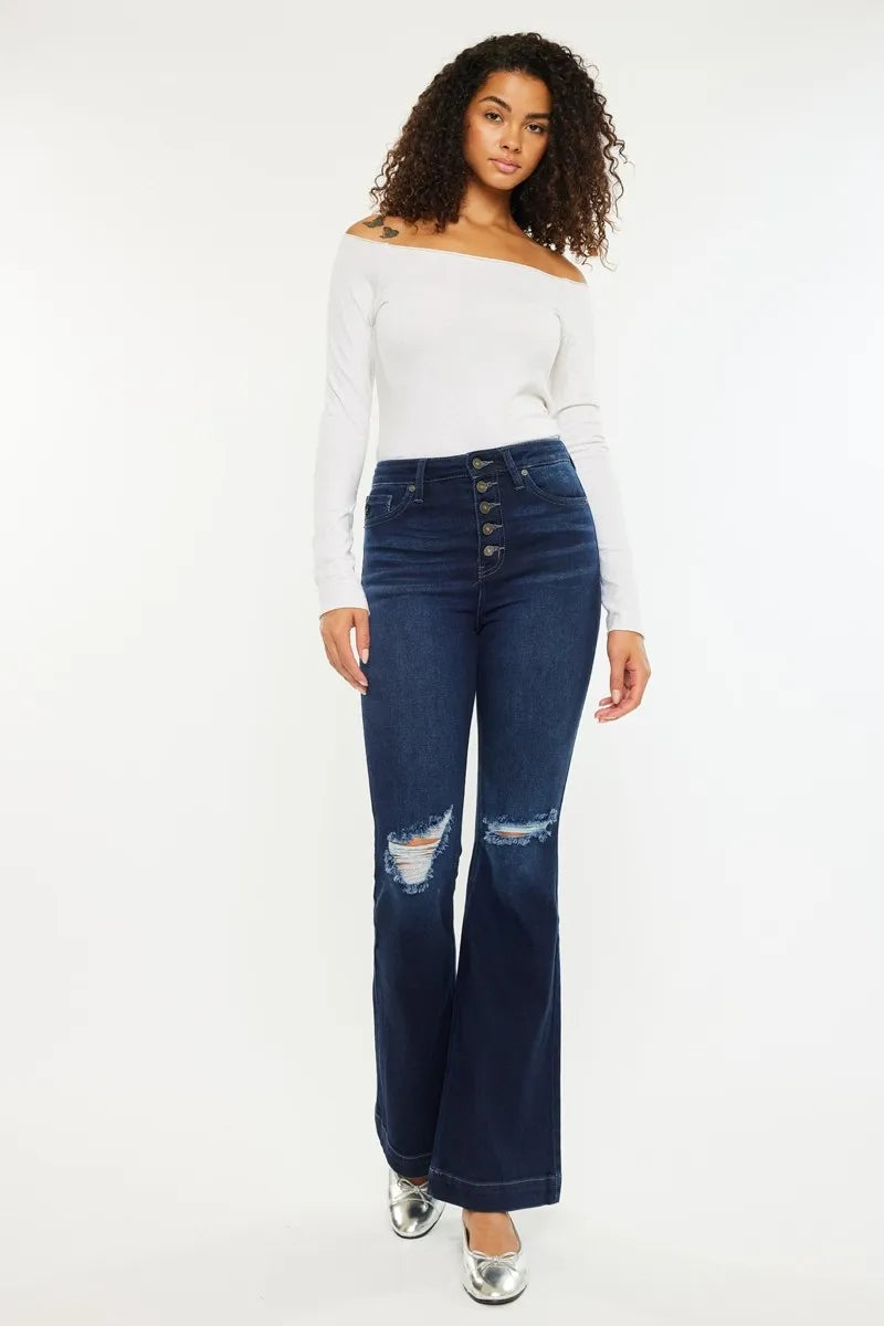 Women's High Waist Button Fly Flare Denim with Ripped Accents - Alwesbo Fashion