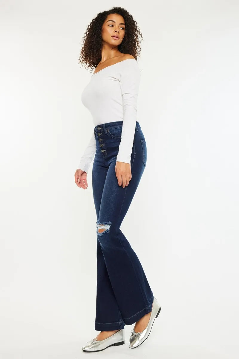 Women's High Waist Button Fly Flare Denim with Ripped Accents - Alwesbo Fashion