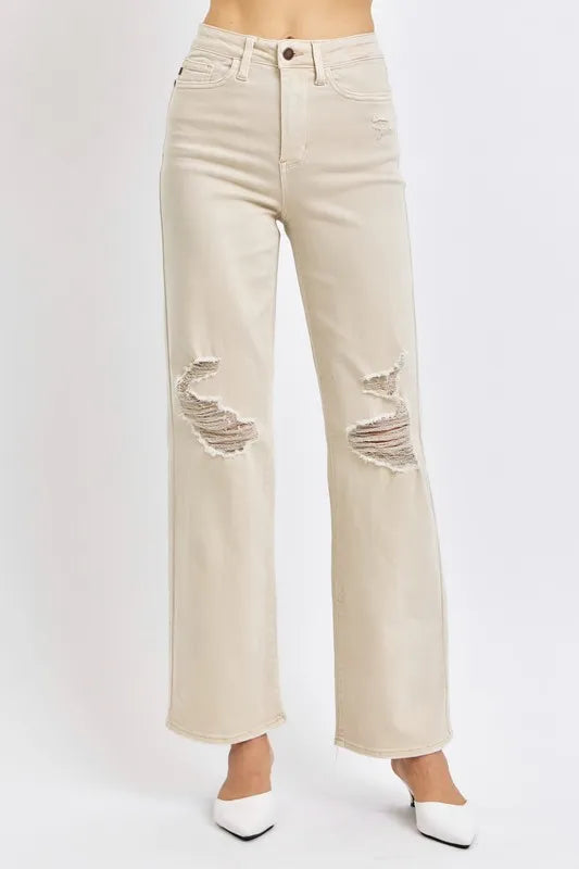 Judy Blue Full Size High Waist Distressed Wide Leg Jeans - Alwesbo Fashion