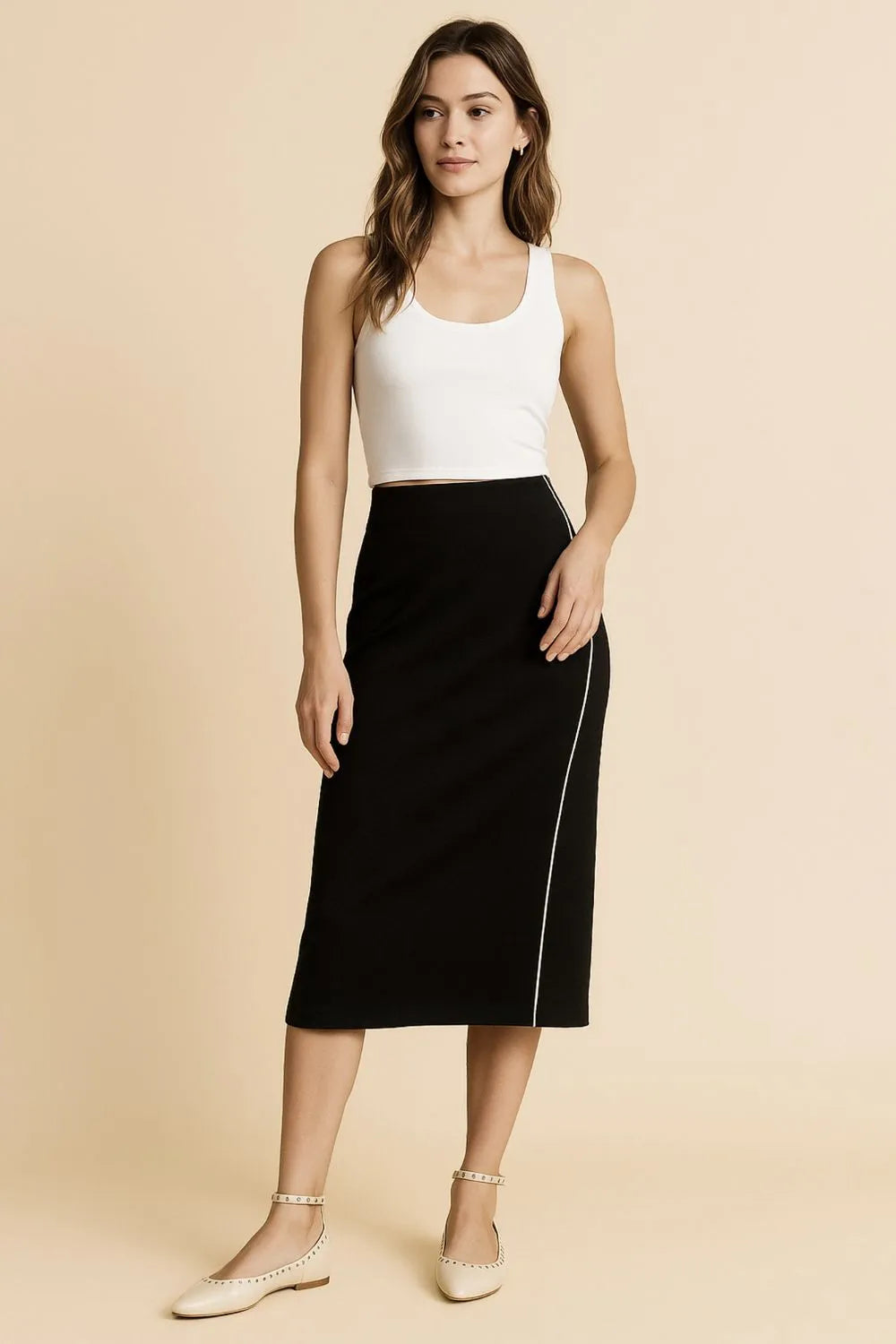 Umgee Midi Pencil Skirt with Contrast Piping Detail - Alwesbo Fashion
