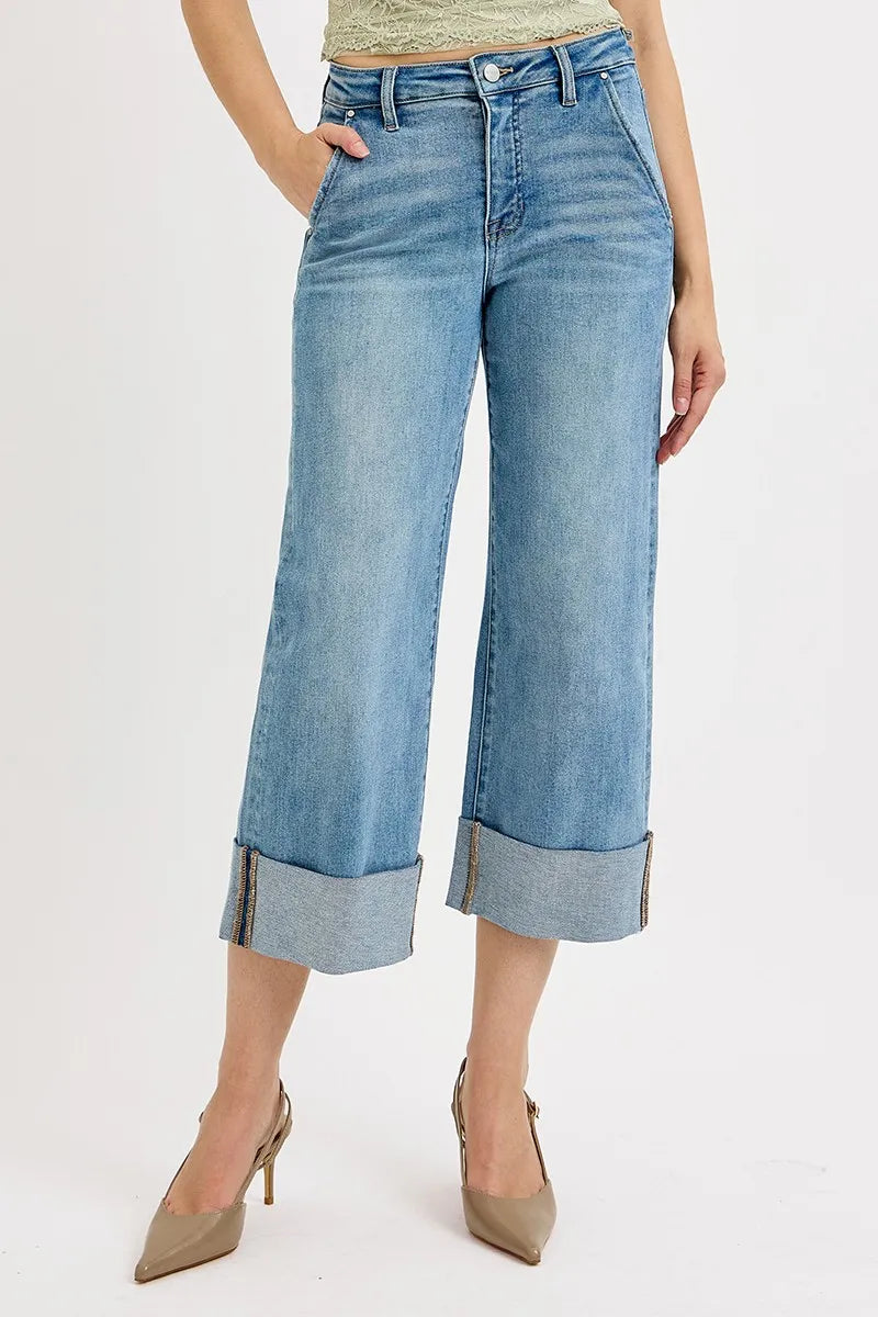 Plus Size Tummy Control High Rise Ankle Wide Cuffed Jeans - Alwesbo Fashion