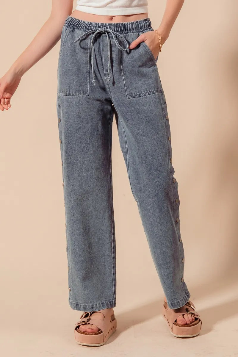 SO ME Mid Rise Drawstring Jeans with Side Snap Button - Alwesbo Fashion