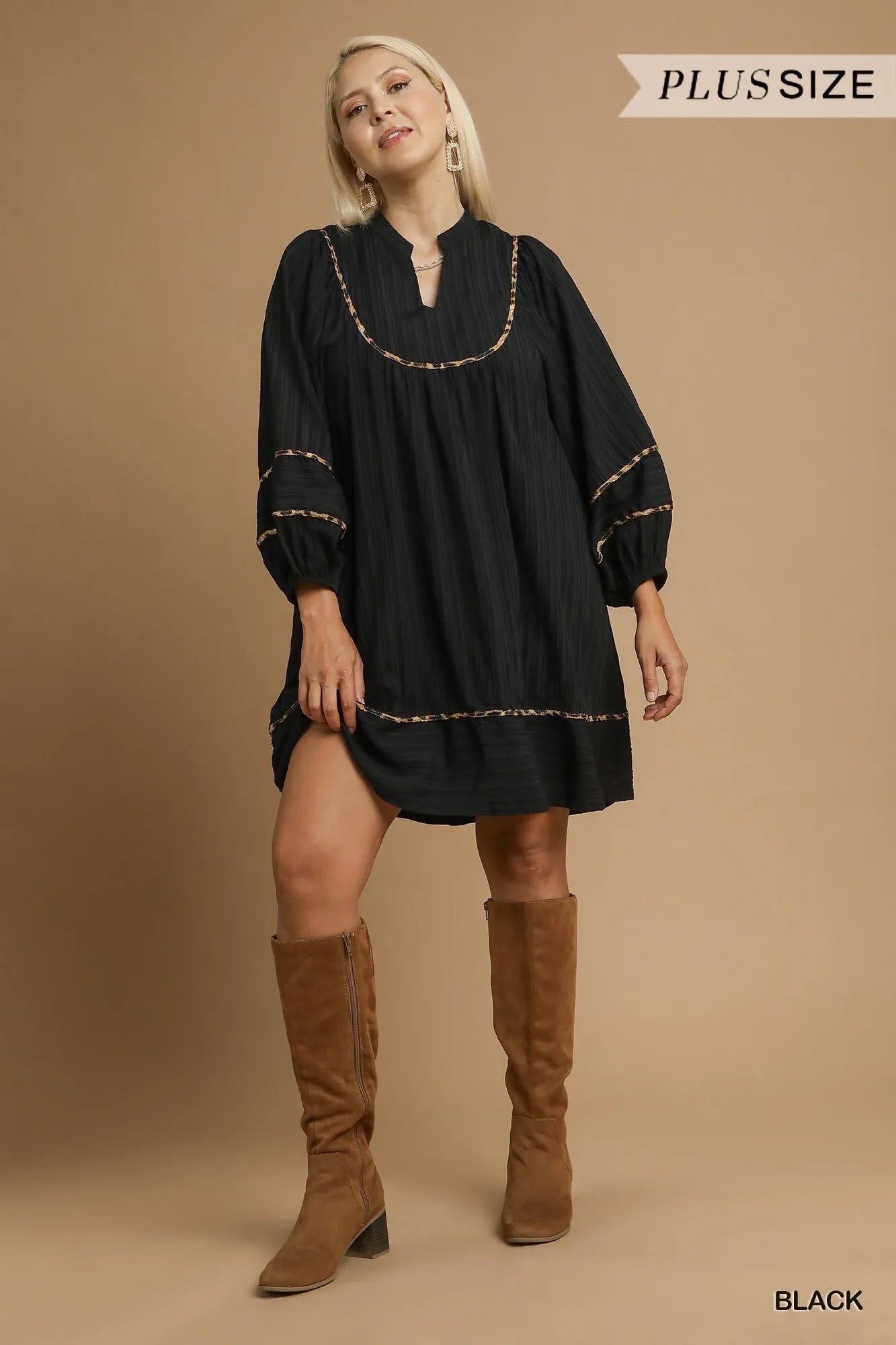 Plus Size Textured Babydoll Dress with Leopard Print Trim - Alwesbo Fashion