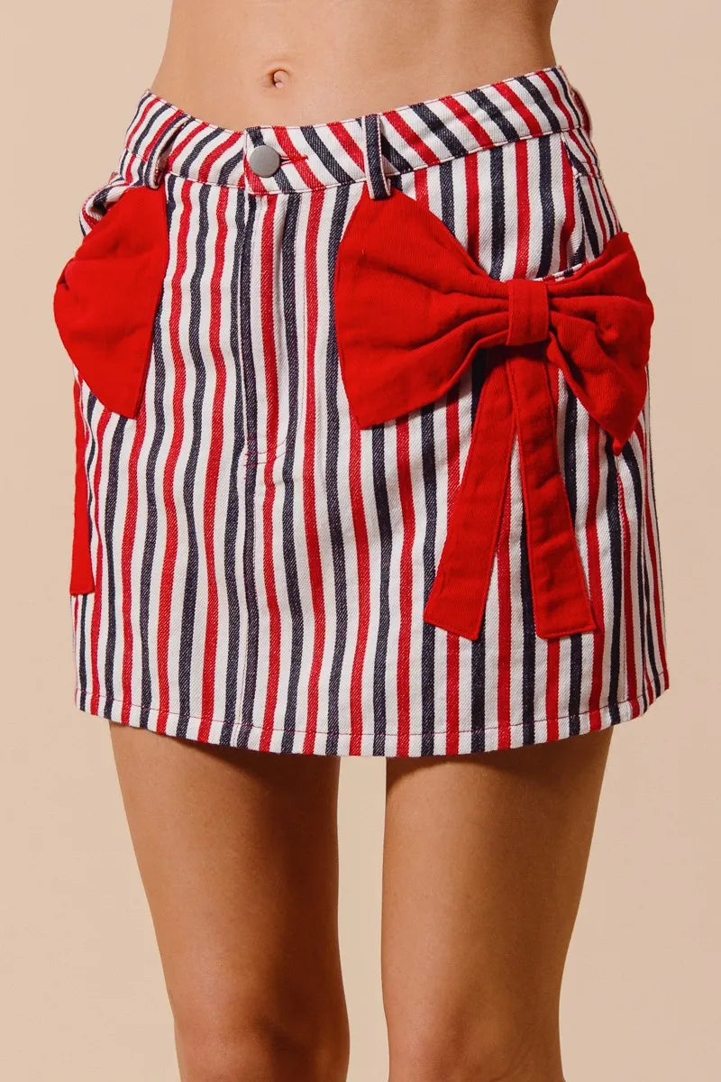 SO ME Contrast Bow Knot Pocket Fourth Of July Denim Skirt - Alwesbo Fashion