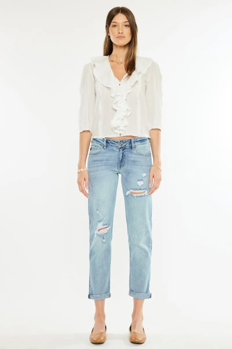 Mid Rise Distressed Boyfriend Fit Jeans for Women - Alwesbo Fashion