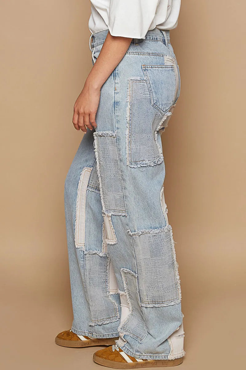 POL Contrast Patched Raw Hem Straight Jeans - Alwesbo Fashion