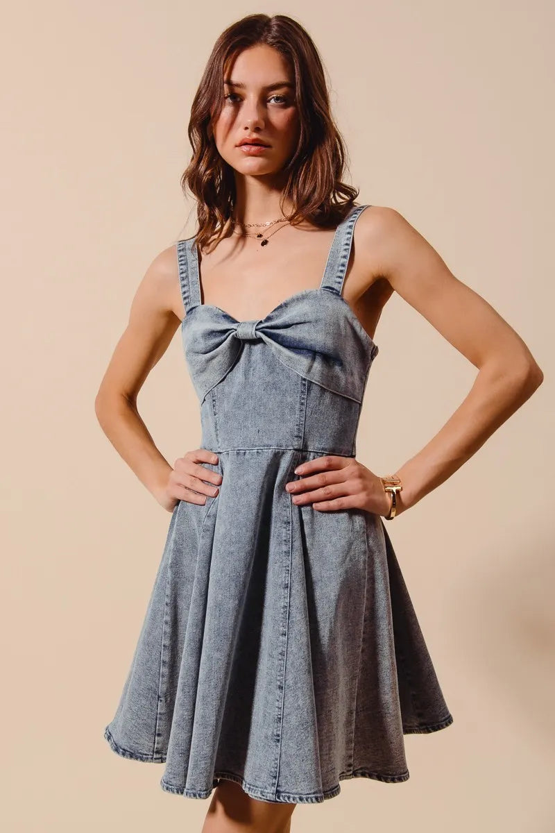Mineral Washed Denim Flare Dress with Bow Ribbon Detail - Alwesbo Fashion