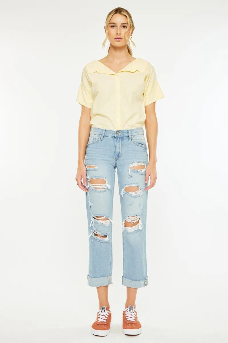 Kancan Mid Rise Distressed Boyfriend Jeans - Alwesbo Fashion