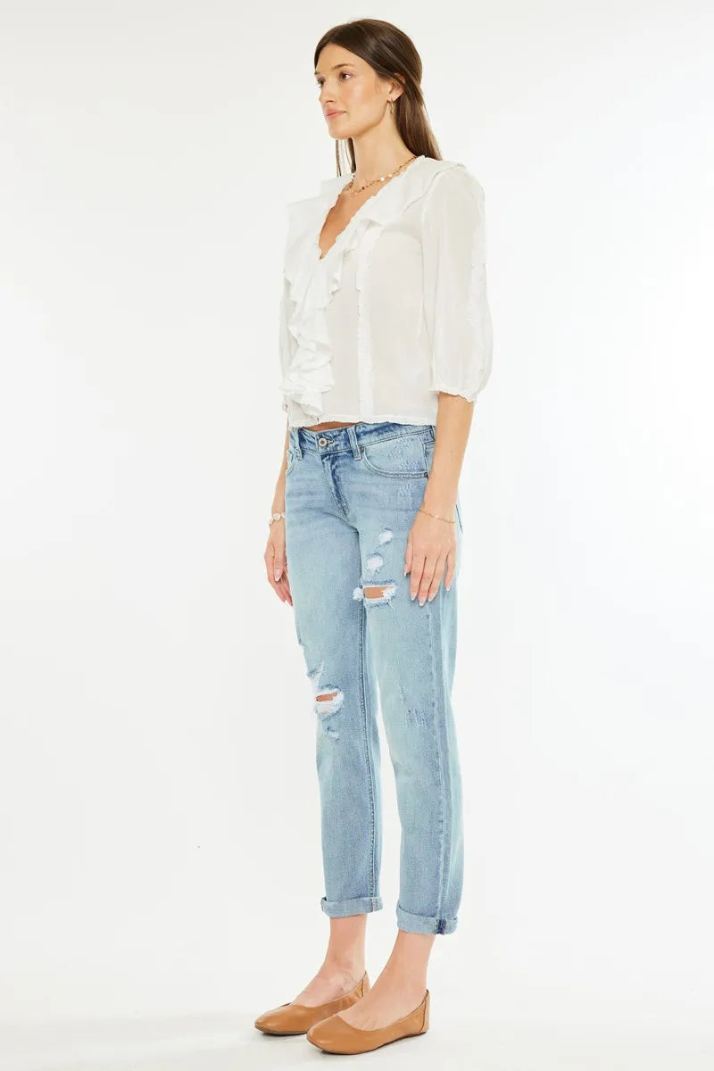 Mid Rise Distressed Boyfriend Fit Jeans for Women - Alwesbo Fashion