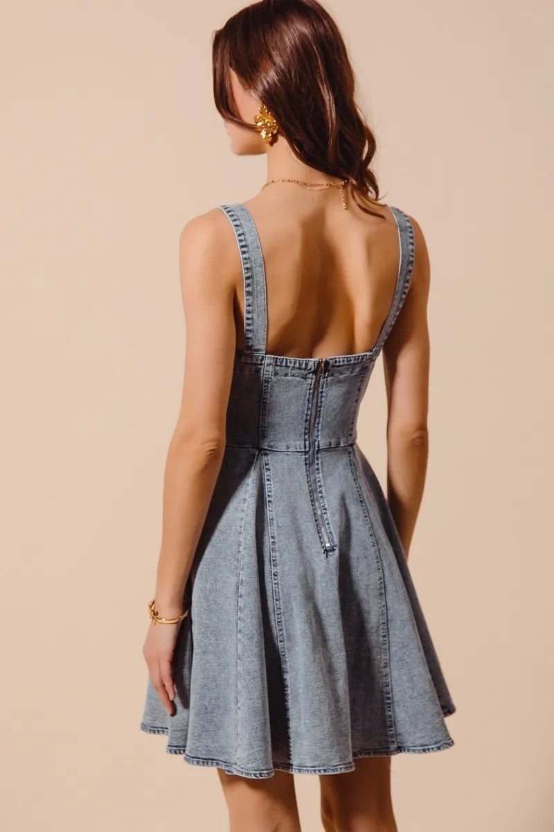 Mineral Washed Denim Flare Dress with Bow Ribbon Detail - Alwesbo Fashion