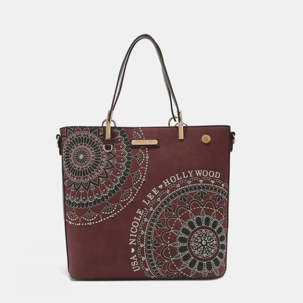 Nicole Lee USA Metallic Stitching Embroidery Inlaid Rhinestone Tote Bag - Alwesbo Fashion