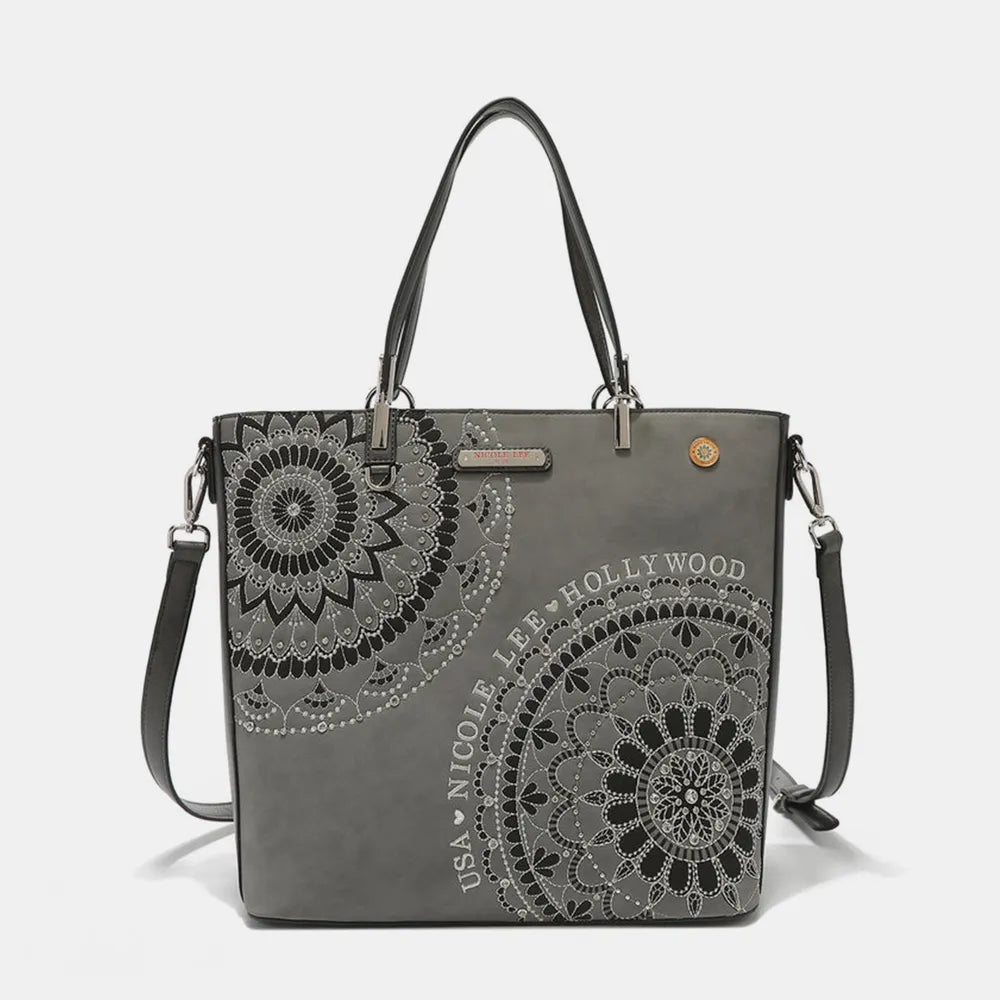 Nicole Lee USA Metallic Stitching Embroidery Inlaid Rhinestone Tote Bag - Alwesbo Fashion