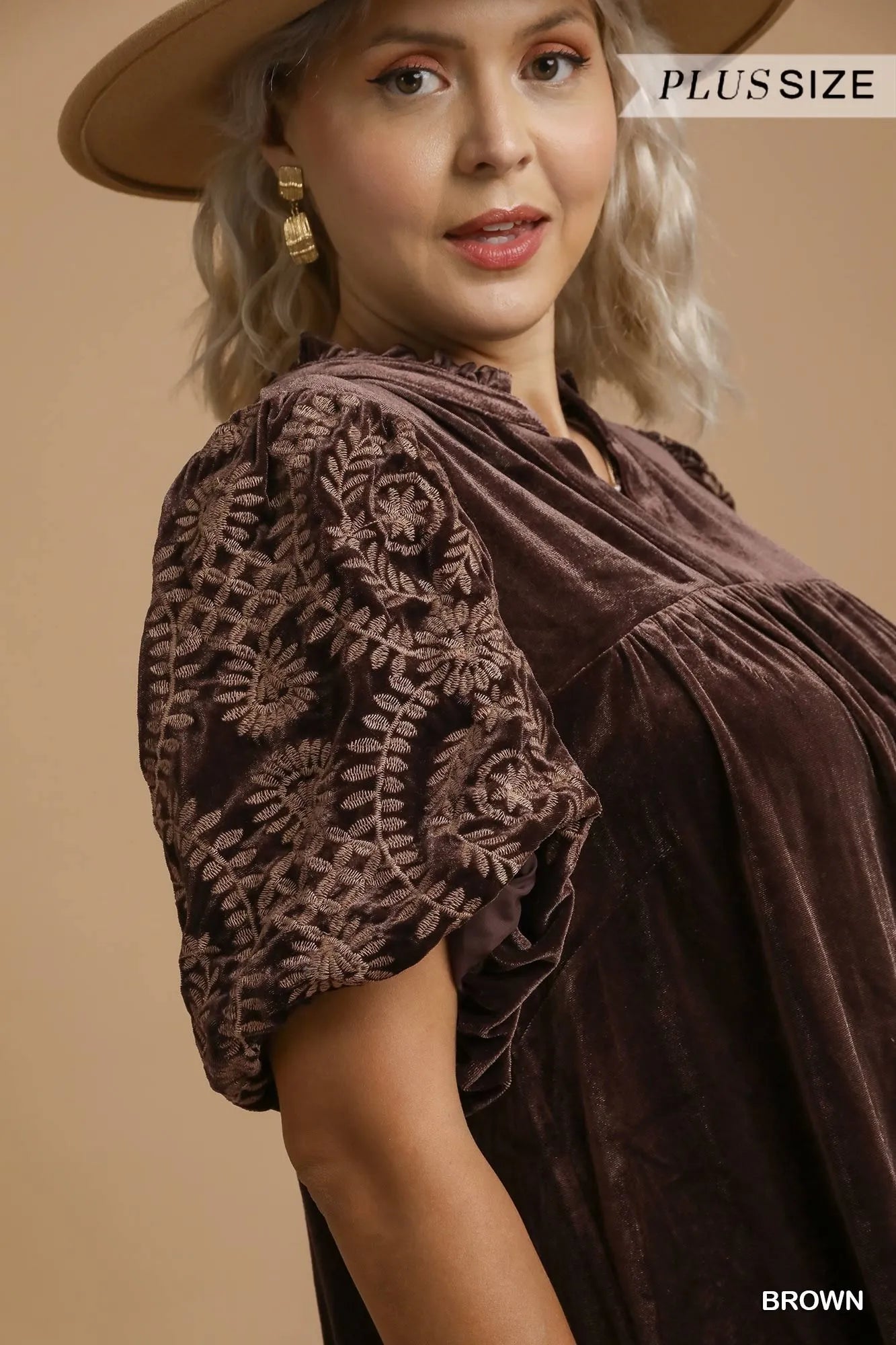 Soft Velvet Blouse with Detailed Embroidered Sleeves – Plus Size - Alwesbo Fashion