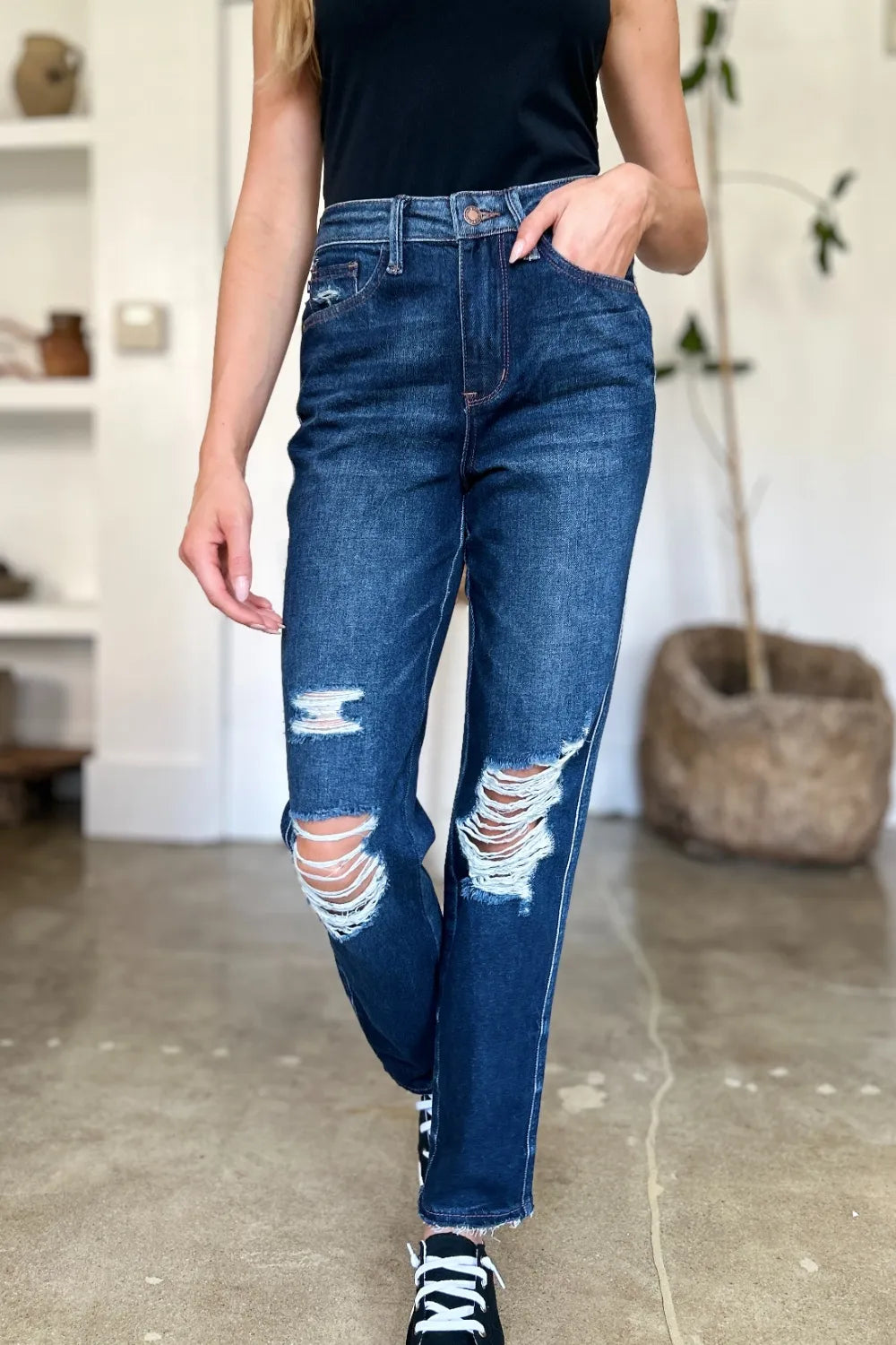 Judy Blue Full Size High Waist Rigid Magic Heavy Destroy Straight Jeans - Alwesbo Fashion