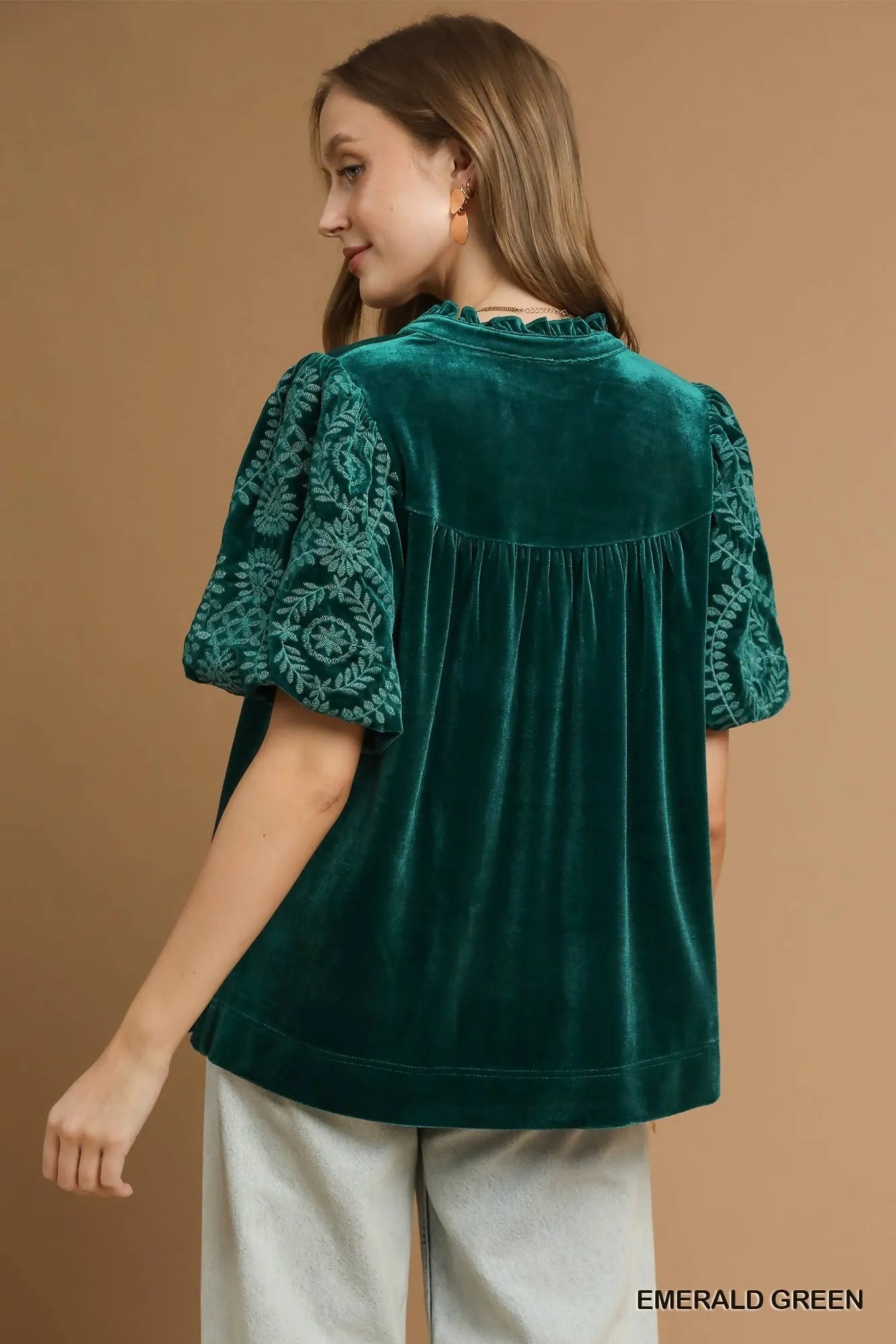 Velvet Blouse with Elegant Embroidered Sleeves - Alwesbo Fashion