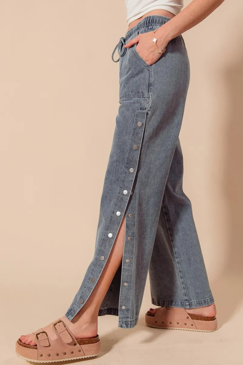 SO ME Mid Rise Drawstring Jeans with Side Snap Button - Alwesbo Fashion