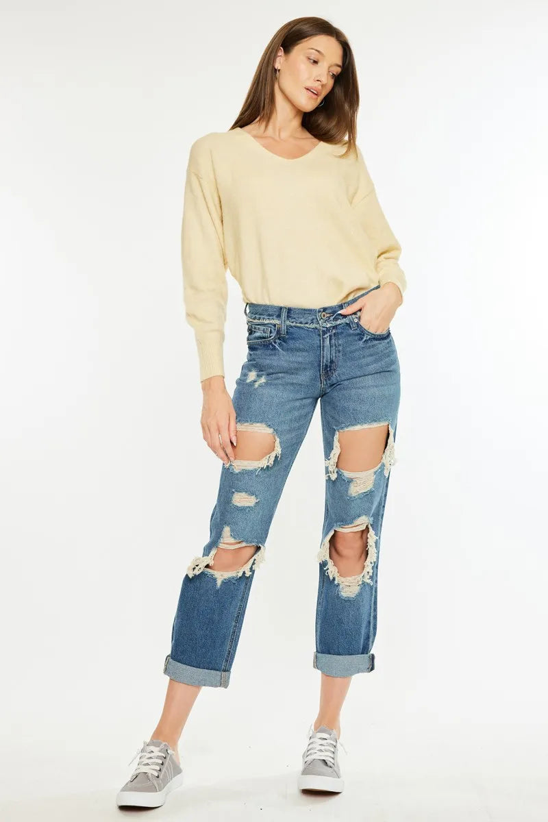 Distressed Mid Rise Boyfriend Jeans for Women - Alwesbo Fashion