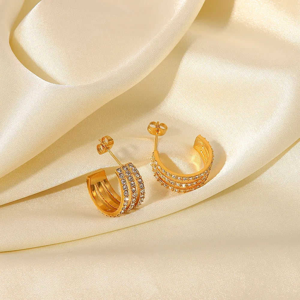 Stainless Steel Inlaid Zircon C-Hoop Earrings - Alwesbo Fashion