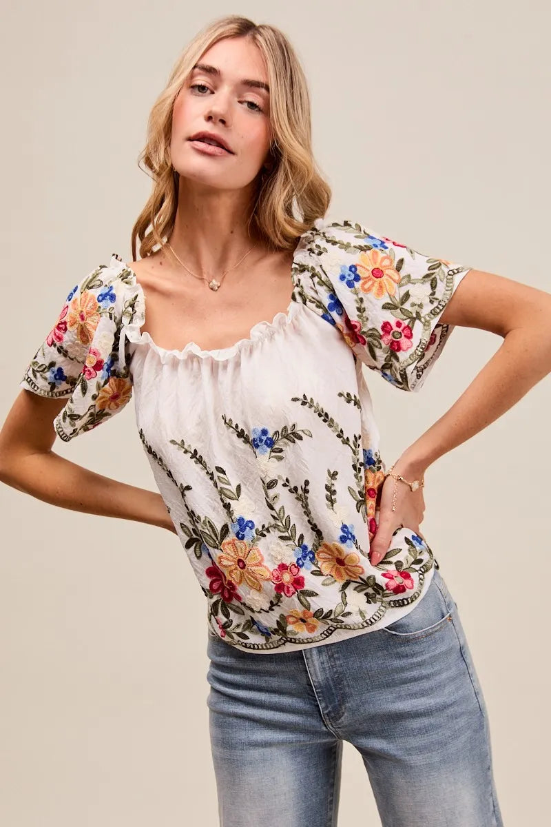 Floral Embroidered Off-The-Shoulder Blouse with Two-Way Wear - Alwesbo Fashion